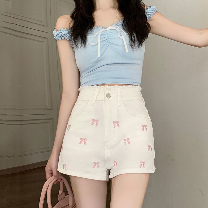Koreański haft z kokardką słodkie spodenki dżinsowe damskie letnie zadziory wysoki stan Slim Y2K damskie jeansowe szorty Sexy Kawaii krótkie damskie słodkie
