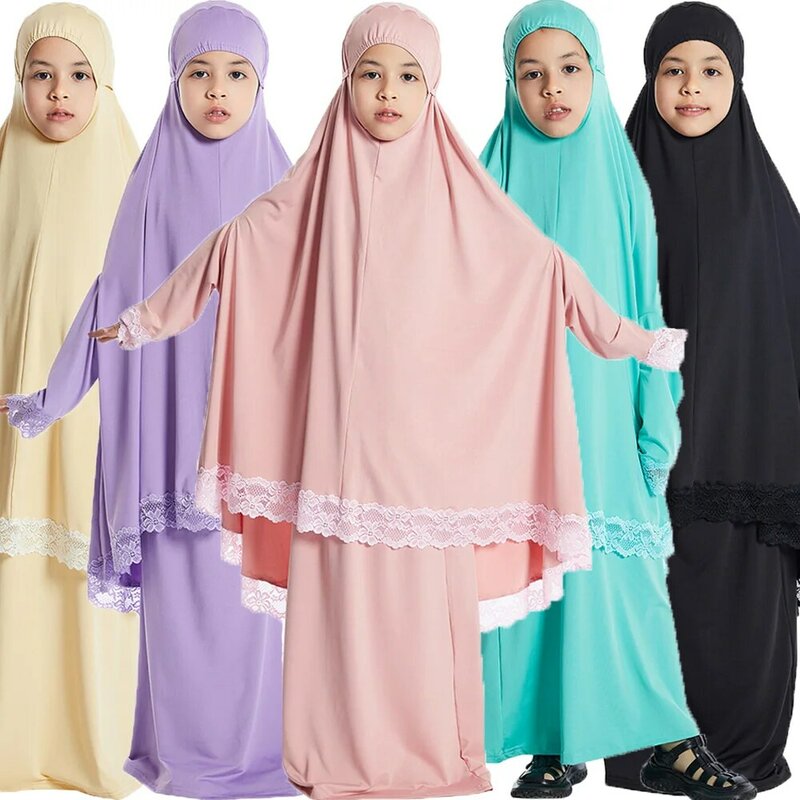 Vestido muçulmano com capuz Eid para crianças, Crianças Hijab, Vestuário de oração, Abaya para meninas, Khimar Skirt Set, Cobertura completa, Ramadan Islamic Clothes