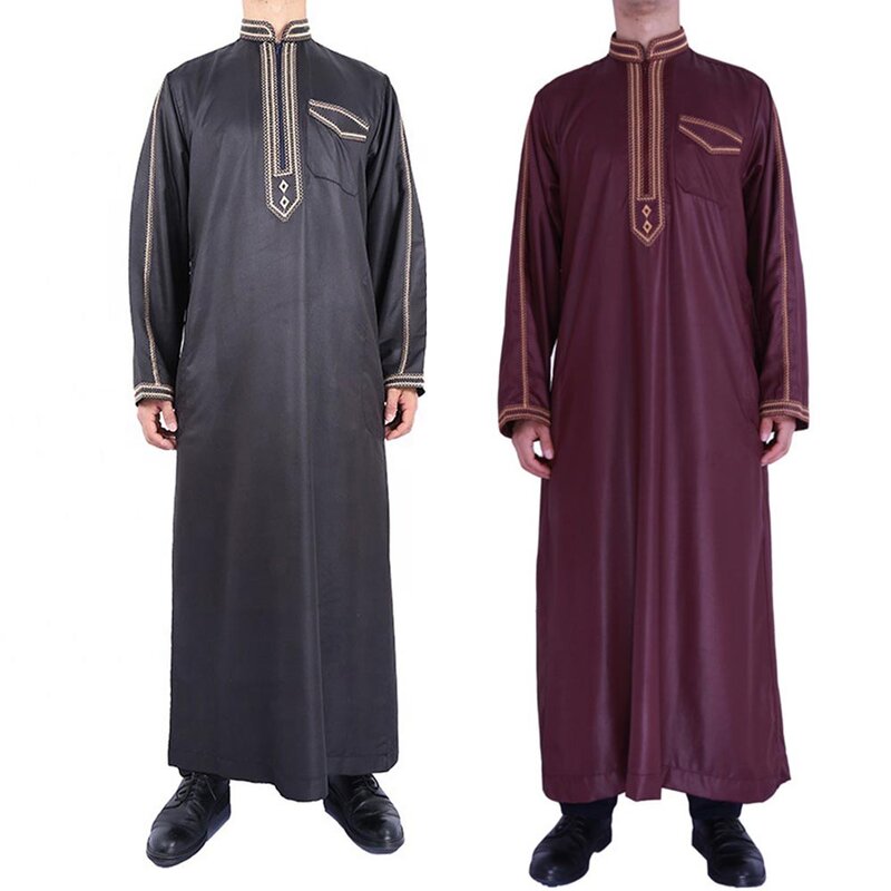 Vestido de poliéster de talla grande para hombre, ropa árabe Eid, caftán de manga larga, cuello levantado, M-4XL de M-XXXXL