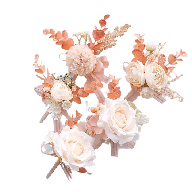 Ramillete de flor simulada para novia y novio, suministros de boda para invitados de banquete, flor de mano, polvo de melocotón, 2403