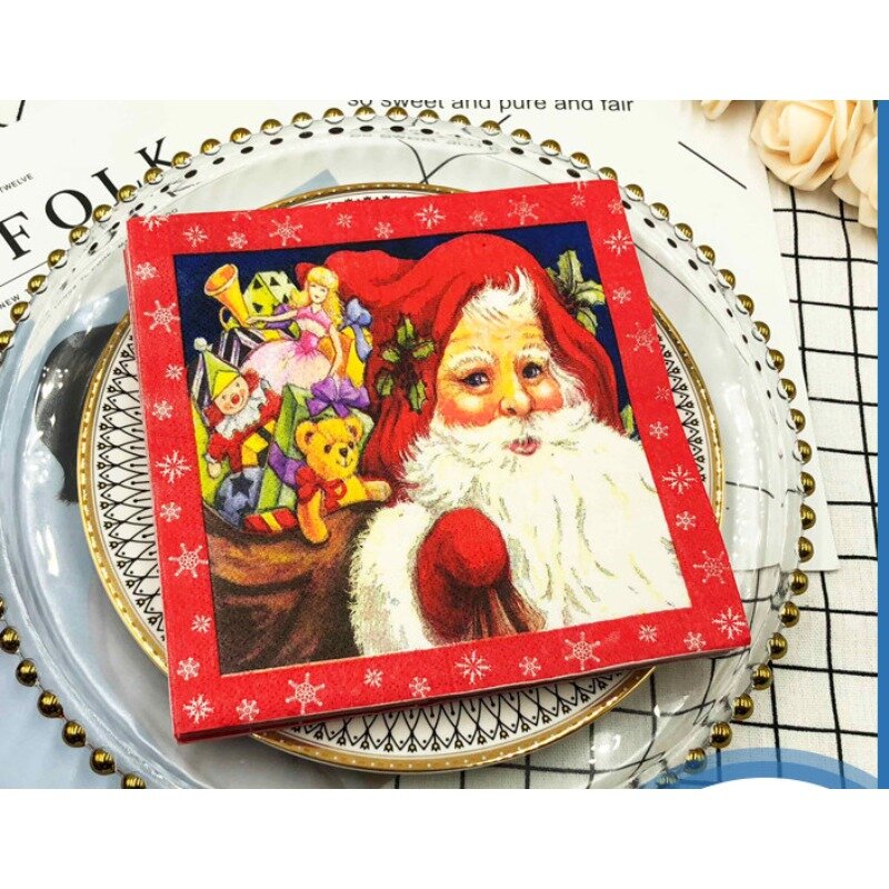 Servilletas impresas coloridas de Santa Claus personalizables, servilletas de papel de fiesta de celebración de Navidad, paño de boca, flor plegable, venta al por mayor