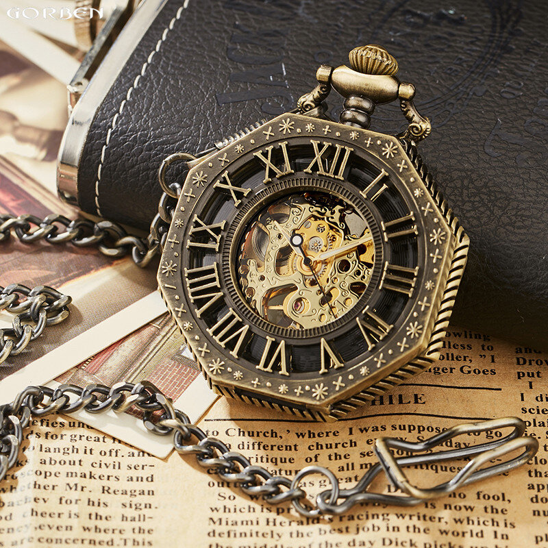 Classic Hexagonal Mechanical Pocket Watch FOB Chain Steampunk Roman Numeral Dial Skeleton Golden Hollow Steel Mens Pocket Watch