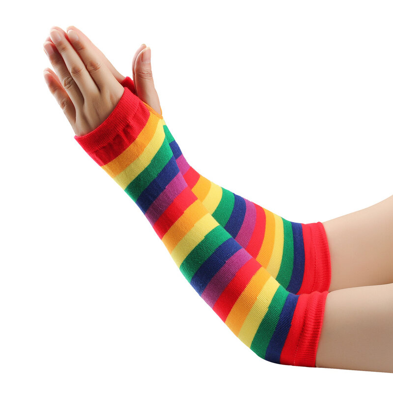 1 Pair Women Elbow Length Fingerless Arm Sleeve Warmer Rainbow Colored Striped Knitted Sunscreen Girls Halloween Costume Mittens