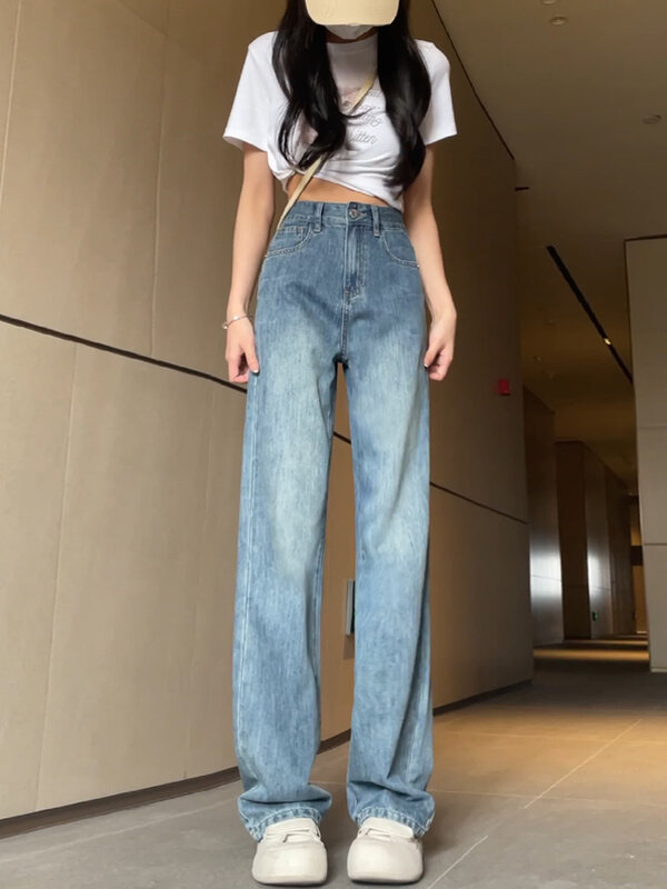 Women's Chic Straight Loose Jeans Lady Spring Summer Casual High Waist Vintage Blue Full Length Jeans