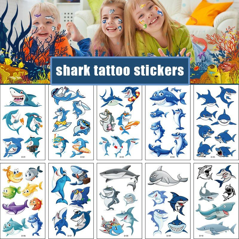10 pacote falso tatuagem adesivos desenhos animados tatuagens temporárias crianças braço tatuagens para crianças tubarão oceano diversão festa tatuagem adesivos