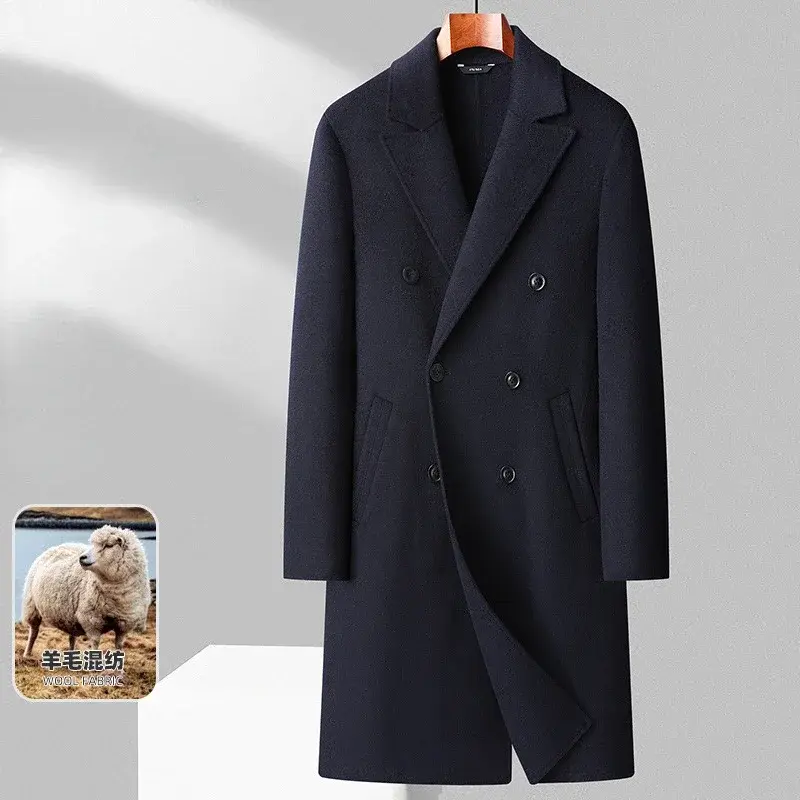 Abrigo de lana de doble cara para hombre, prenda hecha a mano, doble botonadura, hasta la rodilla, ajustado, talla M-3XL