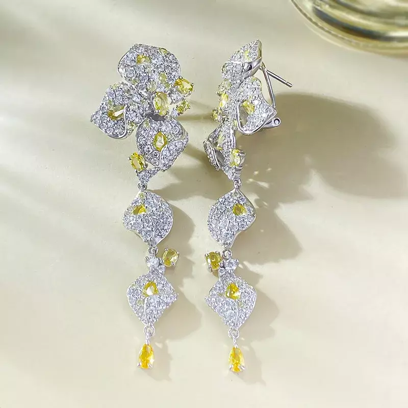 S925 brincos de rododendro em prata, jóias de casamento estilo elegante, 3x5mm diamantes amarelos, novo, 2024