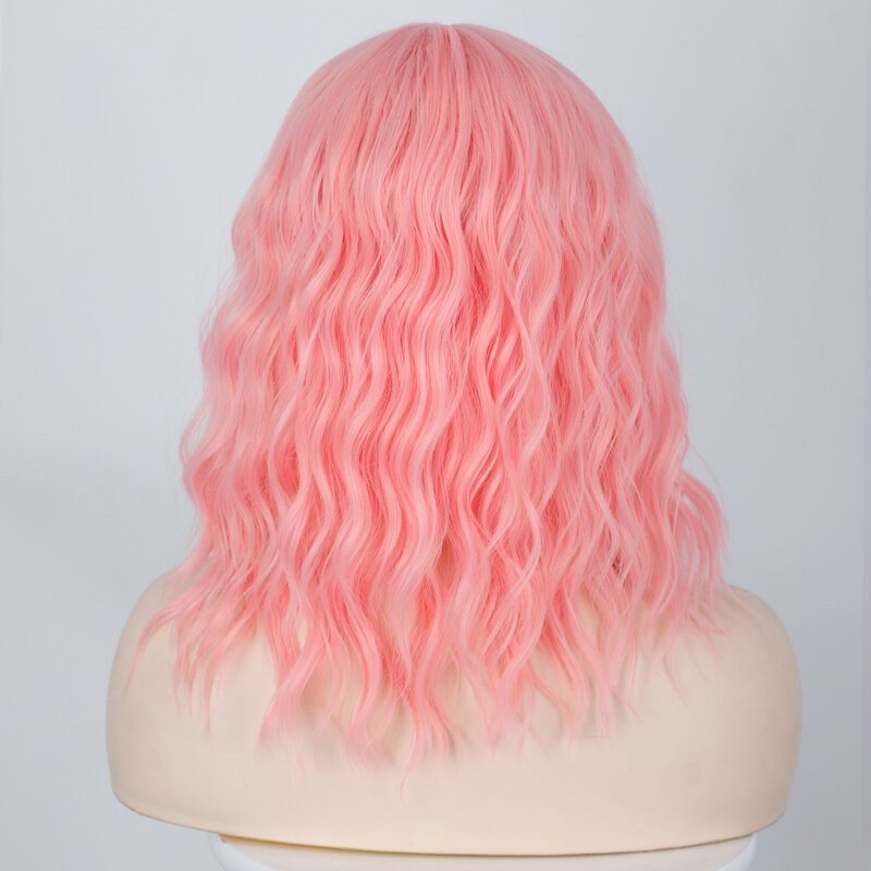 Wig merah muda Wig keriting Bob pendek wanita Wig bergelombang 14 inci Wig sintetik seperti rambut asli Wig untuk sehari-hari gadis Wig Cosplay pirang bisa dipakai
