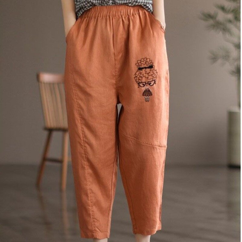 2024 Women's Summer Splicing Retro Heavy Industry Embroidery Elastic Waist Pocket Fashion Solid Color Loose Straight Halen Pants