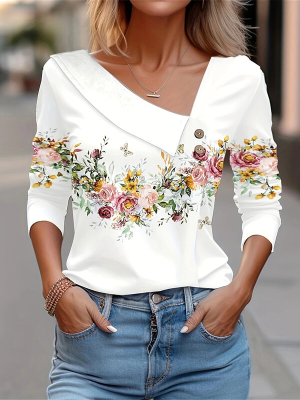 Blusa estampa floral de manga comprida feminina, blusa branca, camisas da moda, outono, roupas de inverno, 2024