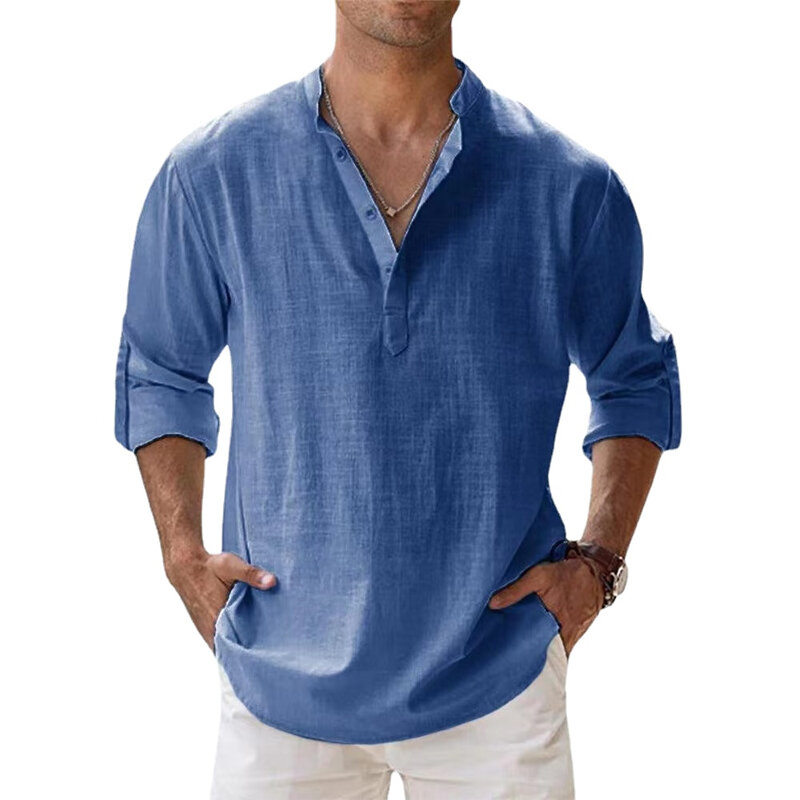 Camisas de lino y algodón para hombre, camisas informales ligeras de manga larga, Henley, playeras hawaianas, nuevas