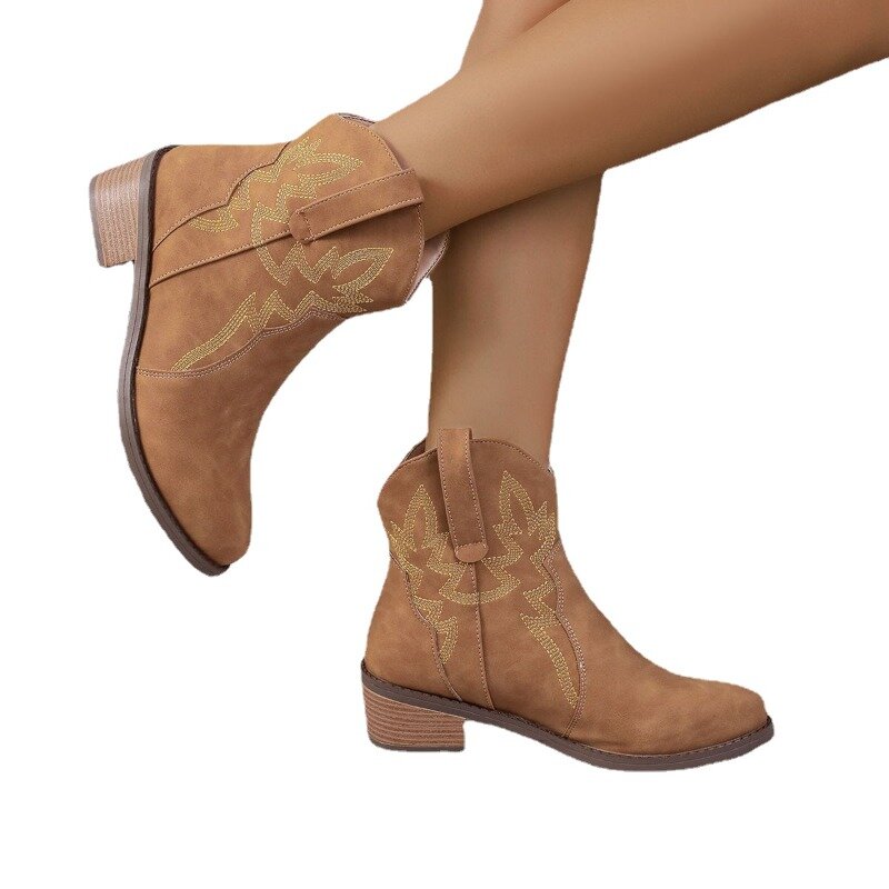 Scarpe da donna 2023 stivali da donna con maniche di alta qualità autunno punta tonda ricamo Solid Short Barrel Chunky Heel Fashion Boots