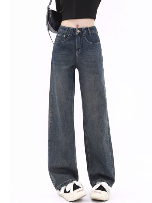 Blue Loose Straight-leg Women's Jeans Korean-style High-waisted Vintage Streetwear Basic Harajuku Denim Pants Cozy Mom Trousers