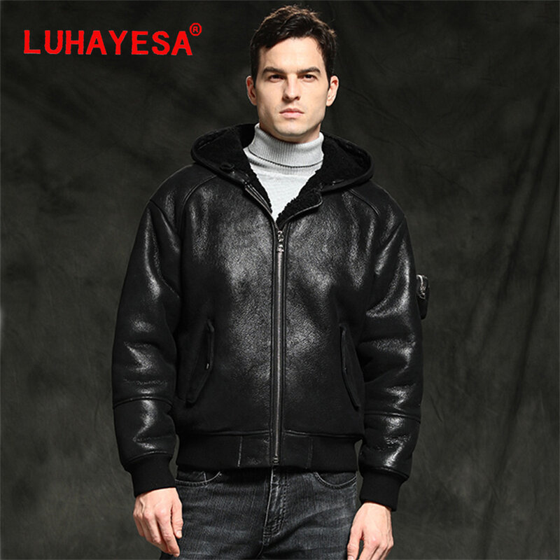New Hooded Real Fur Coat Men Winter Warm Casual 100% Genuine Leather Jacket LUHAYESA New Sheepskin Clothing