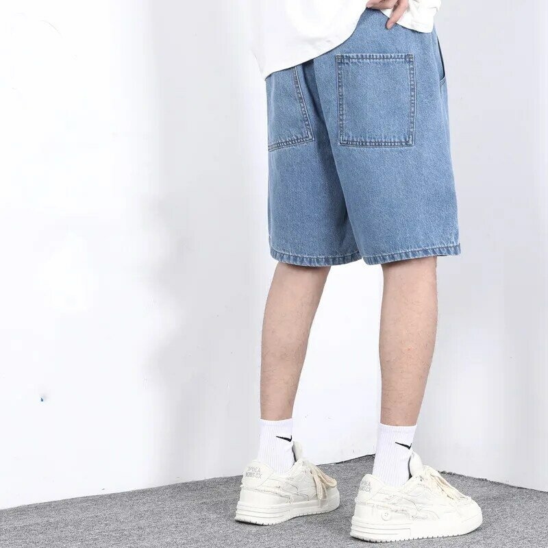 2024 New Minimalist Comfortable Summer Solid Color Thin Men's Pocket Elastic Waist Drawstring Loose Casual Straight Denim Shorts