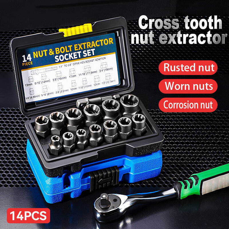 14PC Broken Nut Bolt Extractor Socket Head To Take Hexagonal Screw Tool Screws Remover Threading Tool Kit Nuts Set