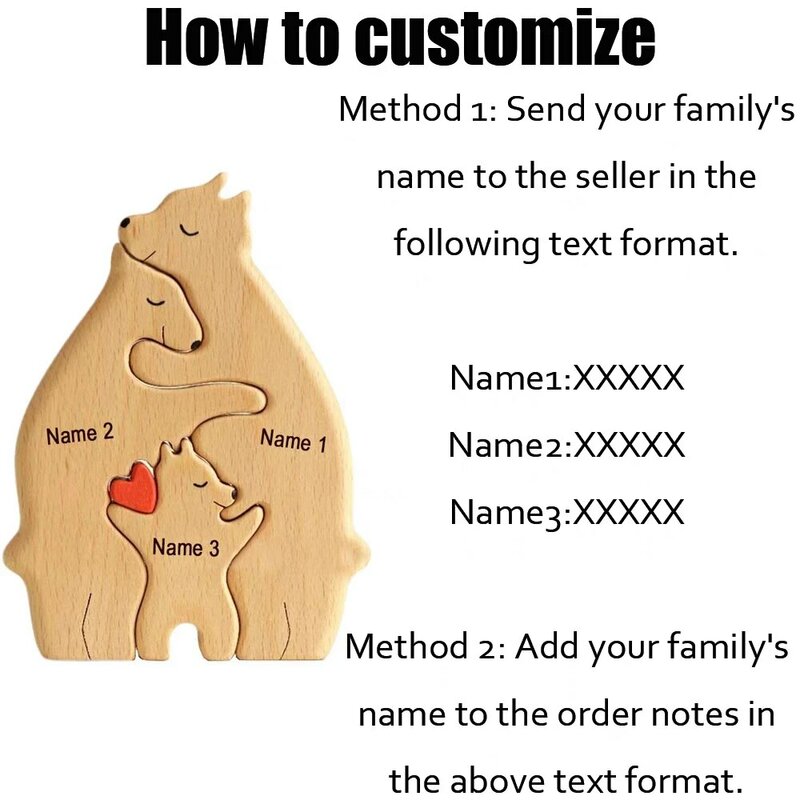 Free Engraving Personalized Bear family Wooden Puzzle Multi language customization Ornaments Name Sculpture Mother's Day gift