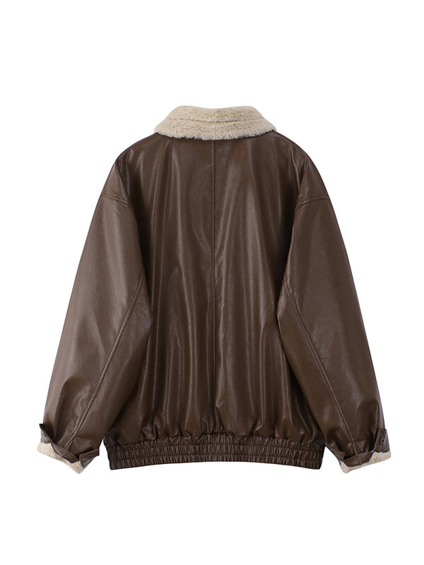 Jaqueta de couro de manga comprida feminina, lapela locomotiva, casaco de motocicleta PU, solto, lã de cordeiro quente, grosso, feminino, inverno