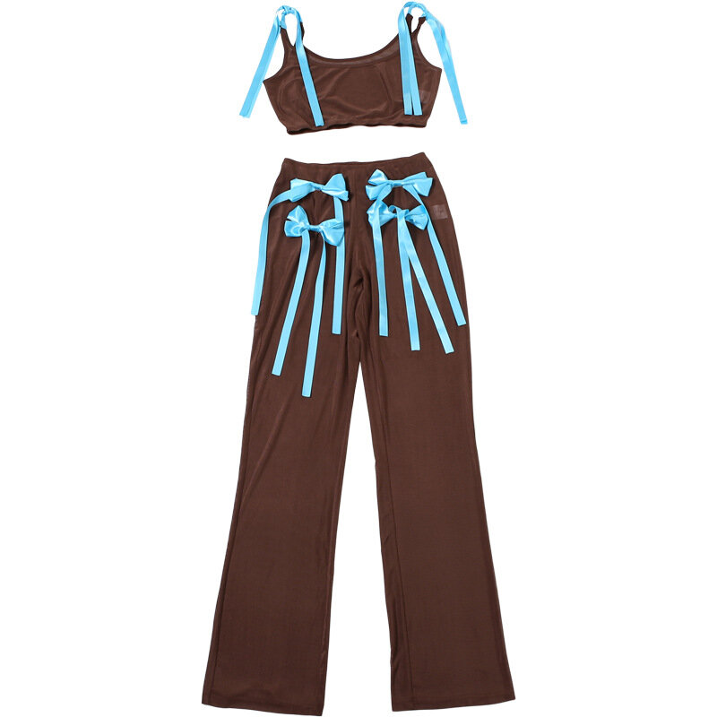 Women Sexy Bow Ribbon Sheer Mesh 2 Piece Set See Through Tank Crop Tops + Straight Pants Tracksuits Club Midnight Matching Suit