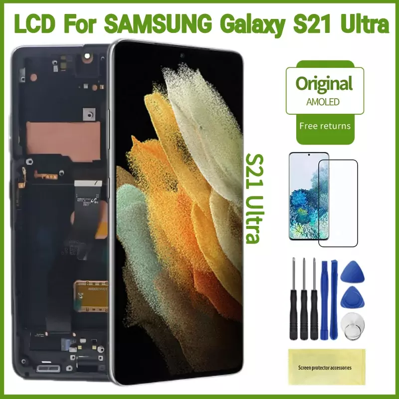 شاشة أصلية S21 موديل 100% فائقة G998F 5G لسامسونج جالاكسي S21 شاشة عرض فائقة LCD 6.8 بوصة بإطار G998U G998B استبدال للشاشة