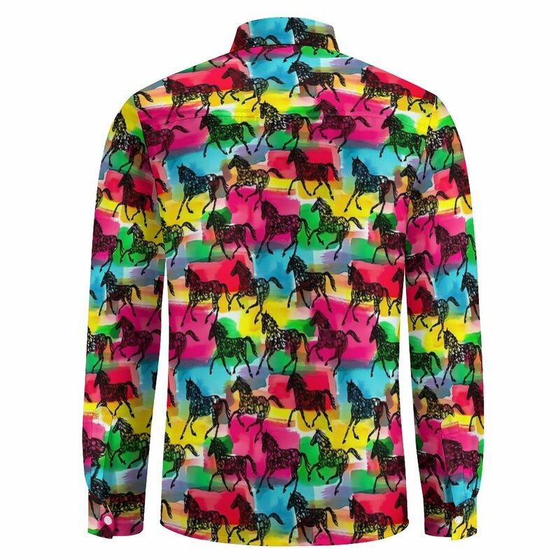 Camisa casual engraçada cavalo colorido para homem, animal dos desenhos animados, blusas da moda, manga comprida, roupas grandes, outono