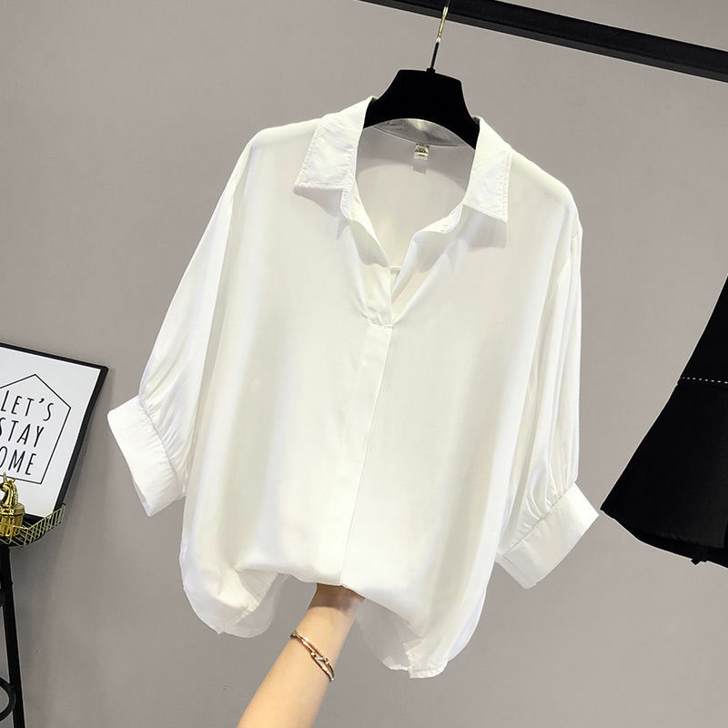 Office Lady Loose Blouse Summer New Polo Neck Short Sleeve All-match Vintage Solid Color Shirt Tops Fashion Casual Women Clothes