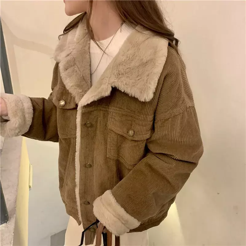 女性のレトロなコーデュロイジャケット,厚くて暖かい綿のジャケット,長袖,十分な,巻き毛,新しい秋冬コレクション,2022