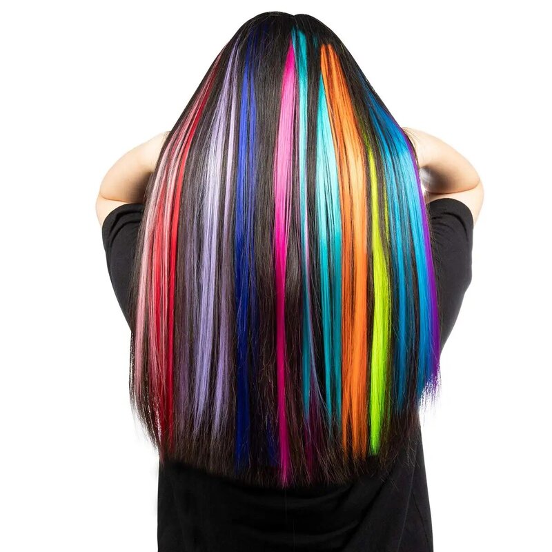Clip colorido em extensões de cabelo, hairpieces sintéticos retos, destaques do partido colorido, arco-íris, 55cm, 13 pcs