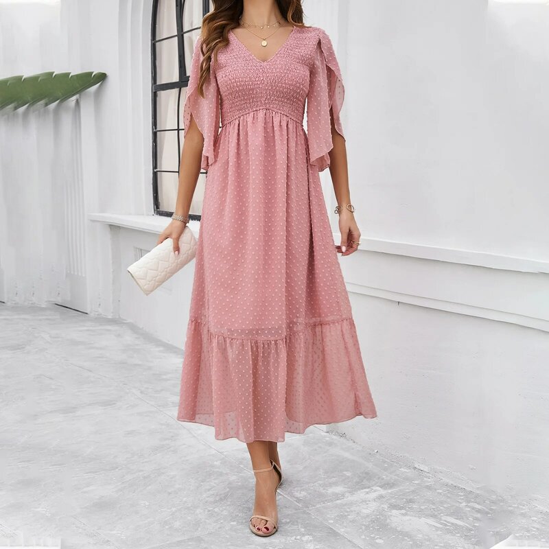 High Quality Women's Clothing 2024 Spring Summer Elegant Temperament Solid Color V-neck Pleated Dress Personality Y2k Dress Maxi