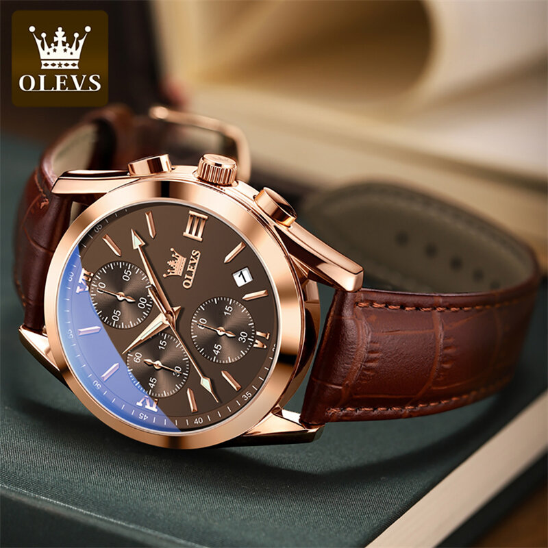 OLEVS 비즈니스 남성용 가죽 시계, 방수 다기능 날짜 크로노그래프 쿼츠 시계, 최고 브랜드 럭셔리