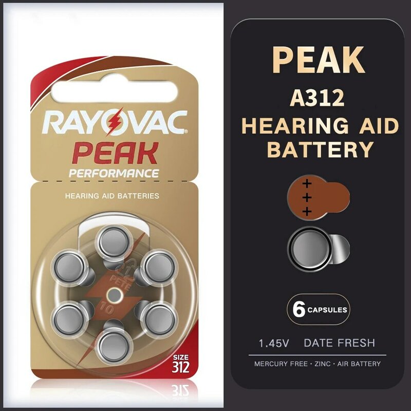 RAYOVAC PEAK, 60 шт., цинковые Аккумуляторы для слухового аппарата A312, 312A, ZA312, 312, PR41, S312 для электронного усилителя звука, Прямая поставка