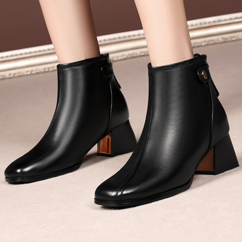 New Women's Soft Leather Chunky Heel Boots Winter Square Toe High Heel Ankle Boots for Women Fashion Keep Warm Botas De Mujer