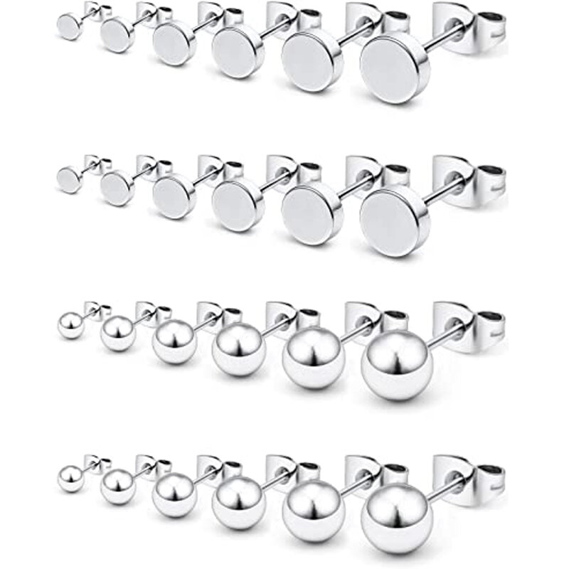 12 Pairs Stainless Steel Flat Top Stud Earrings Round Ball Stud Earrings Ladies Men Barbell Stud Earrings Set Mixed Size 3-8mm