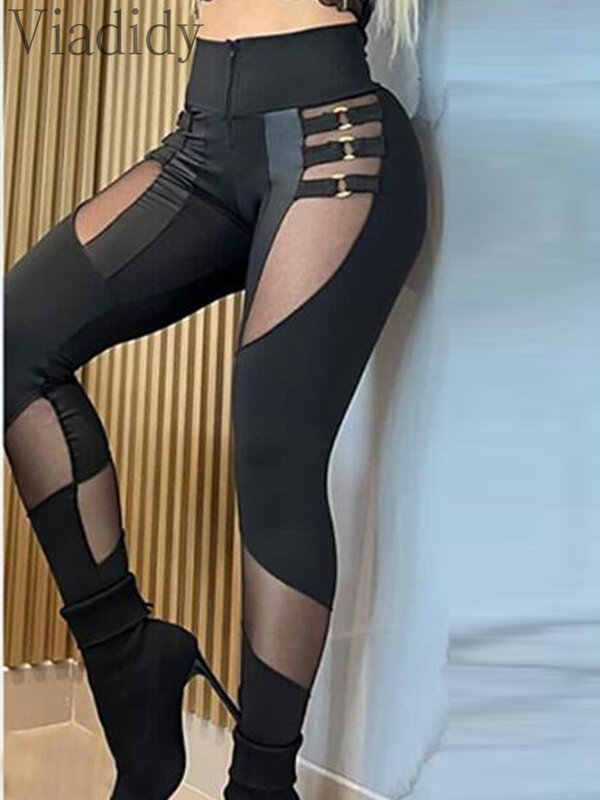 Women Sexy Solid Color O-Ring Decor Sheer Mesh Patchwork Pencil Pants