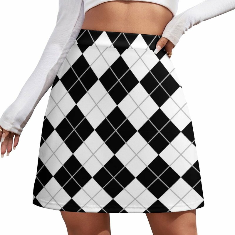 Mini saia retrô para mulheres, padrões dos anos 70, preto e branco, saias elegantes, 2024