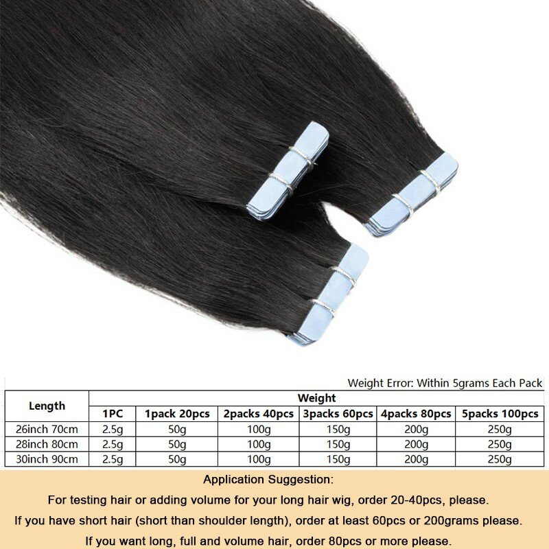 Extensions de Cheveux Naturels Longs et Soyeux de 26 28 30 Pouces, Mèches Remy avec Bande de Trame de Peau, 20 Pièces par Lot