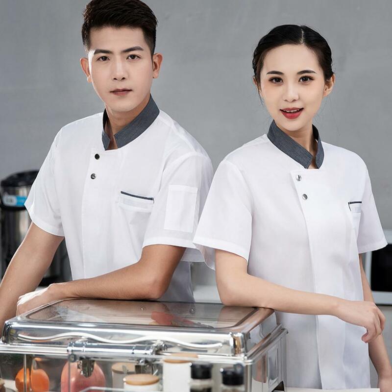 Chef Coat with Pockets Breathable Stain-resistant Chef Jacket for Kitchen Bakery Restaurant Short Sleeve Unisex Stand Collar