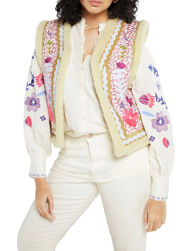 Women Flower Embroidery Cardigan Sleeveless Open Front Cropped Vest Retro Outwear
