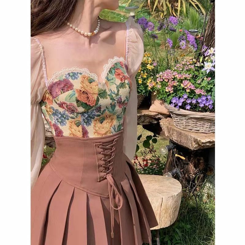 Lukisan minyak Set Gaun baru desain wanita rasa bunga manis renda Puff lengan persegi kerah + rok lipit tali serut musim panas