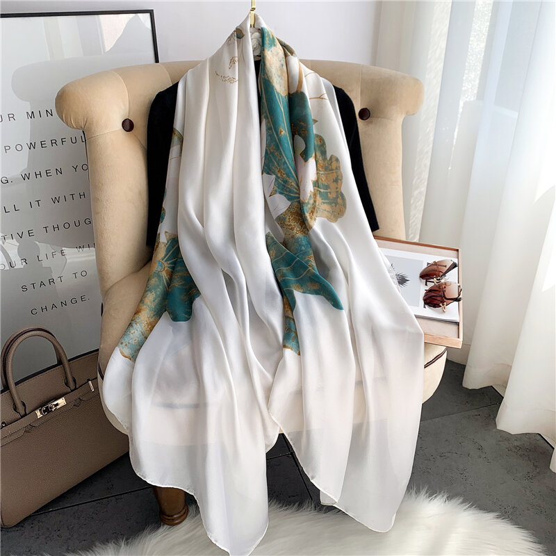 Bandana Hijab for Women Silk Satin Print Large 180*90cm Pashmina Shawl Wrap Foularf Elegant Beach Stoles Echarpe 2022 New Design