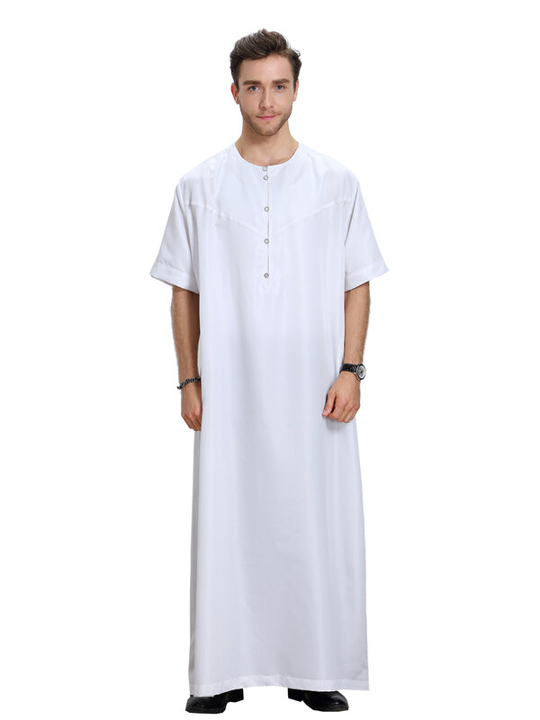 Baju Muslim, baju Muslim pria musim panas lengan pendek kerah bulat kancing jubah Arab pria dewasa panjang sepergelangan kaki Thobe Ramadan