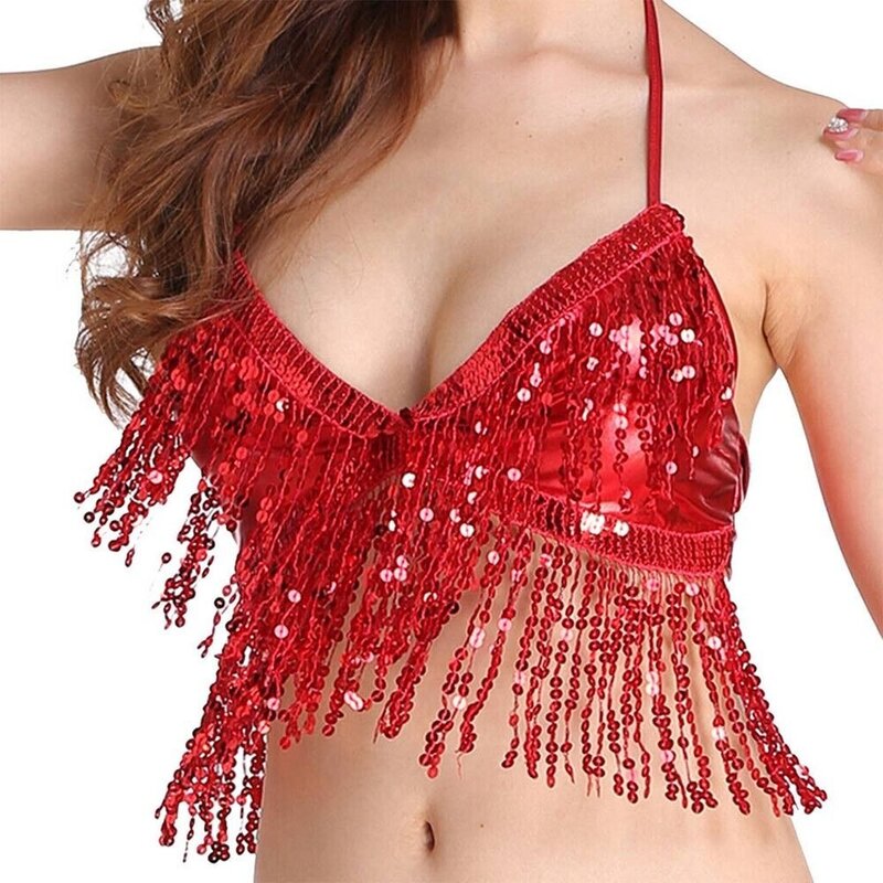 Shiny Sequins Belly Dance Costume Padded Bra Halter Top Sequin Performance Outfits Club Party Festival Rave Dance Sexy Crop Tops