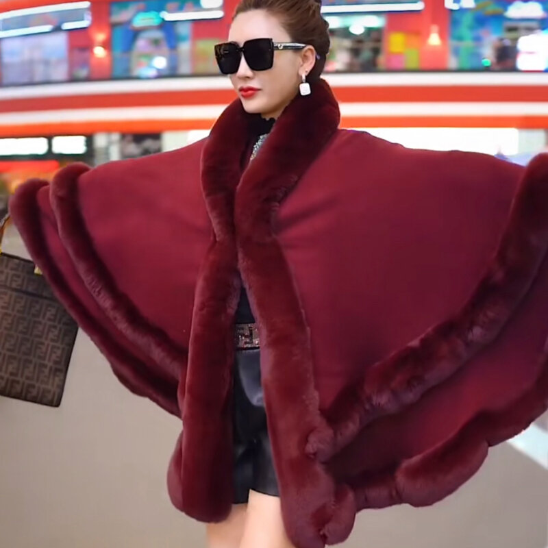 Shawl Women's Mid-Length SolidColor Thick Warm High-End Outer Wear Imitation Fur Scarf Winter Fashion Outer WearFur Collar Loose