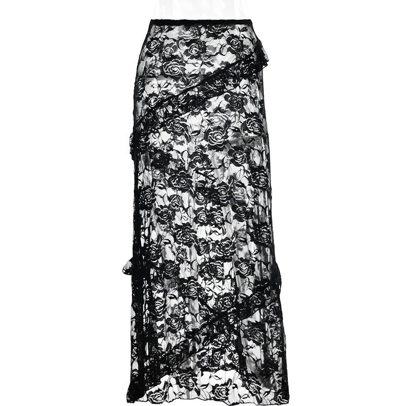 Letnia moda seksowna w jednolitym kolorze z wysokim stanem falbany patchworkowy przez pół spódnice damskie z koronkową koronką seksowną perspektywiczną spódnicą
