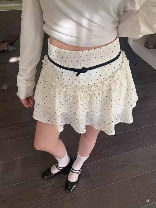 Sweet Polk Dots Ruffles Mini Skirt Women Summer Bow High Waist A-line Short Faldas Female Casual Preppy Style Cute Y2k Skirts