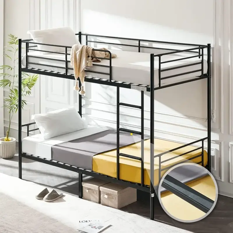 Łóżko piętrowe bliźniak dla dzieci, nastolatków i dorosłych łóżko piętrowe ze schodami i płaskimi szczeblami, wytrzymałe metalowe listwy, czarne łóżka