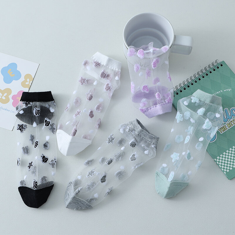 5 Paar Zomer Korte Sokken Cool Schattige Zeester Wulk Kristallen Zijde Ultradunne Transparante Harajuku Vrouwelijke Kawaii Enkelsok