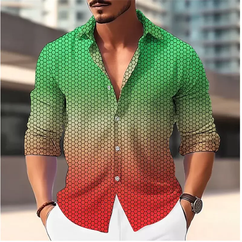 2023 Fashion Retro Flower Floral Gradient Color Men's Long Sleeve Button Shirt Soft Comfortable Material Men Retro Plus Size