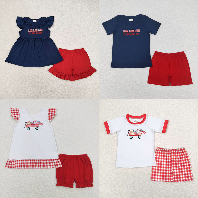 Children's Short Sleeve Embroidery Flag Set, Shorts Infantis, Baby Girl, Boy, Children, Toddler, Wholesale, Outfit, Summer, 4th, 4th, 2 Pcs