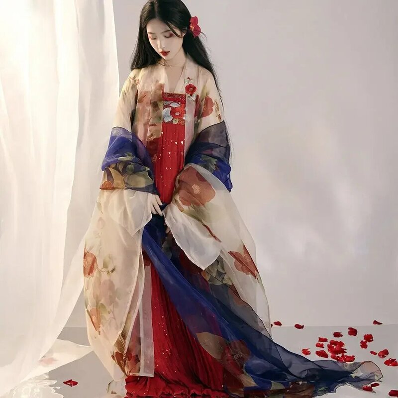 W chińskim stylu Hanfu sukienka starożytna kobieta kamelia pałac haftowany nadruk duży rękaw sukienka kostium Hanfu pełny zestaw